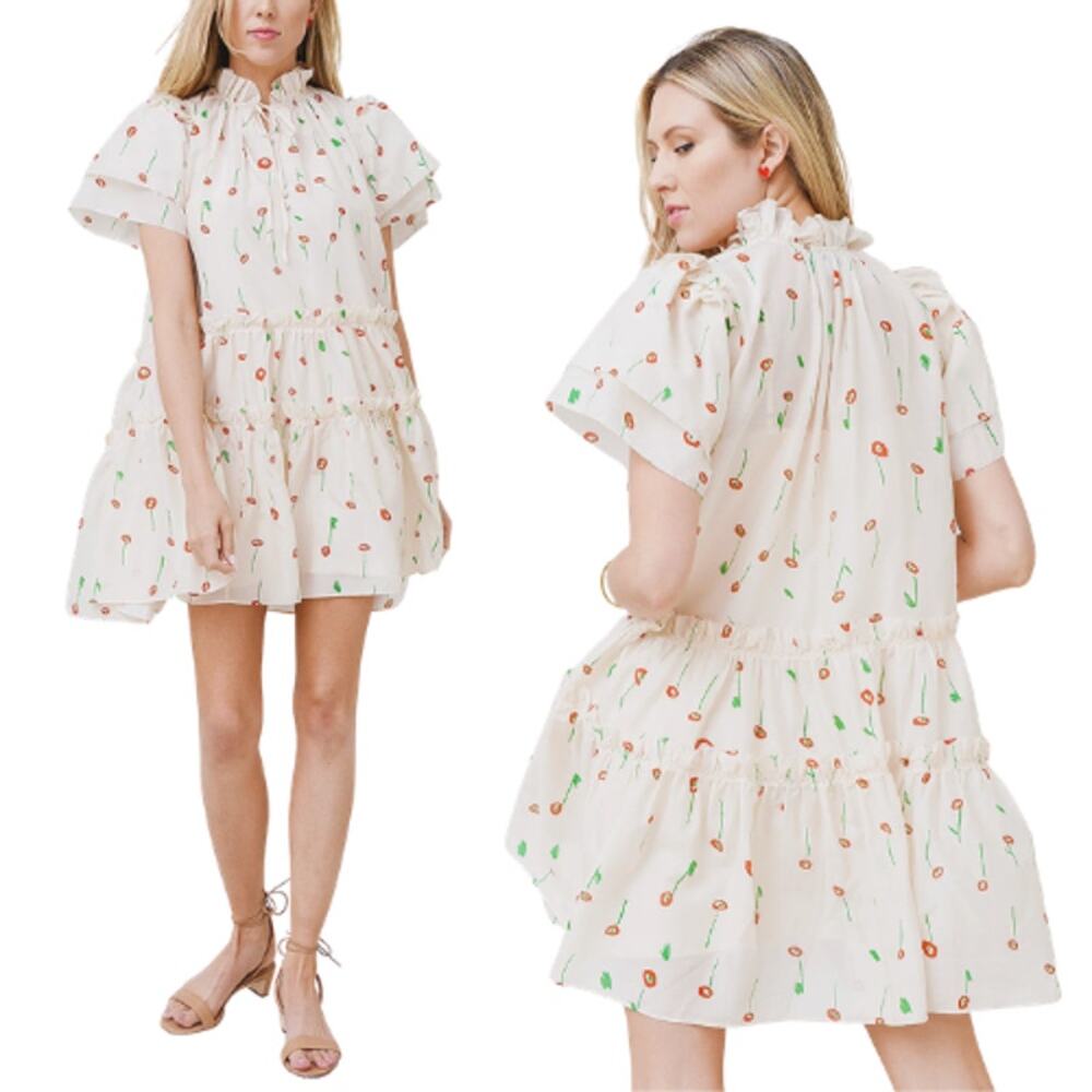 NEW Hunter Bell Ruffle Detailing Short Sleeve Mini Dress Cream Size: Medium
